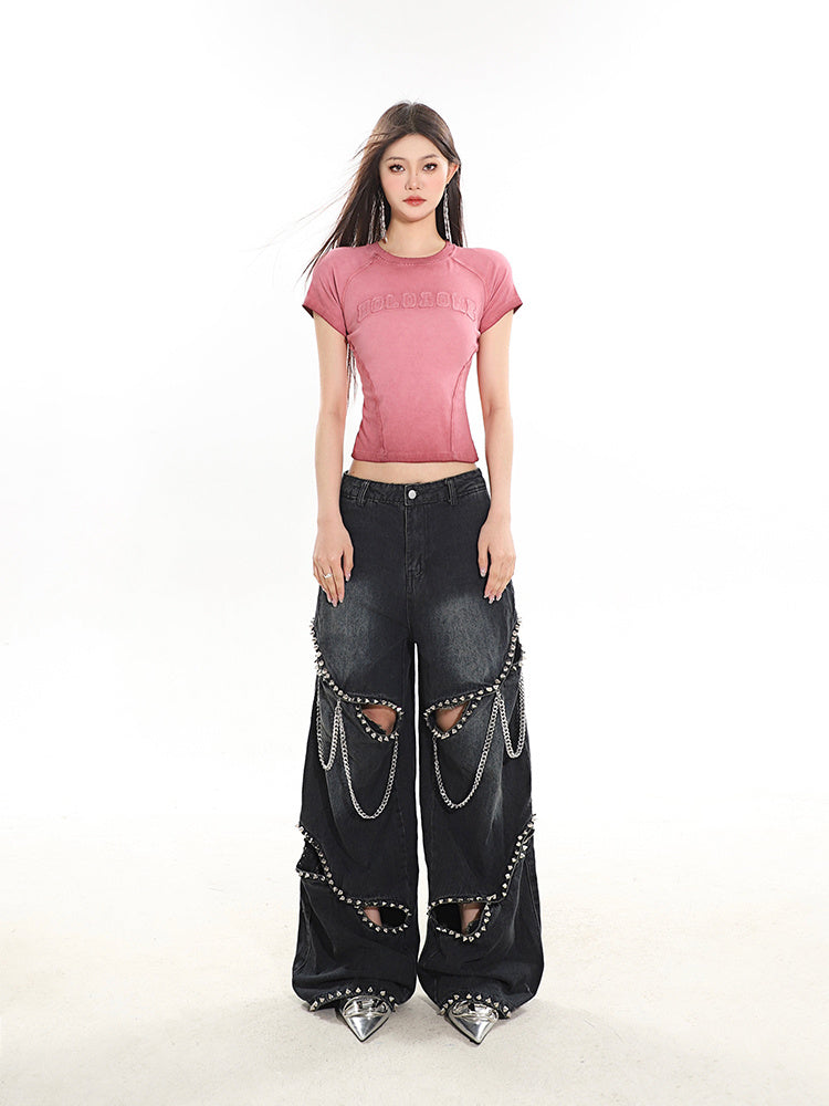 Heavy Industry Metal Rivet Chain Hollow-out Design Jeans
