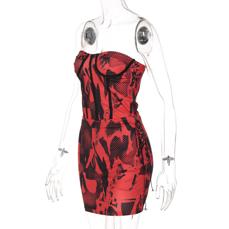 Sleeveless Short Top Skinny Sheath Drawstring High Waist Skirt