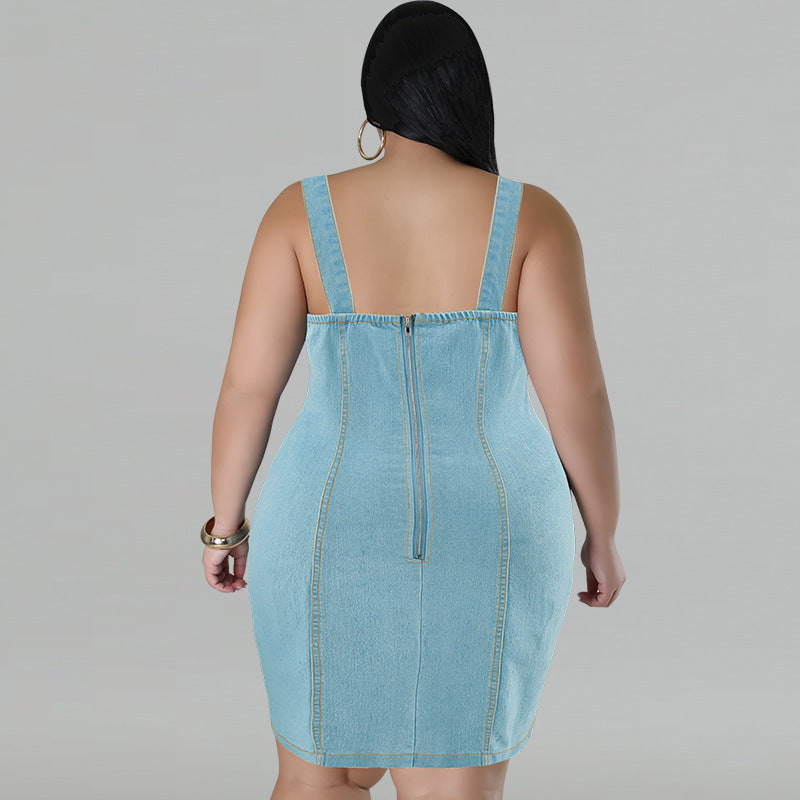 Plus Size Women's Clothing Denim Sling Tassel Sleeveless Short Dress