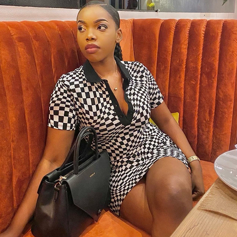 Polo Neck Black And White Plaid Print Contrast Hip Wrap Dress