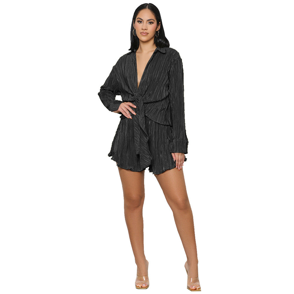 Two Piece Outfits For Women Vacation Pleated Button Down Shirt Shorts Sexy 2 Piece Set Casual Y2K  Shirt