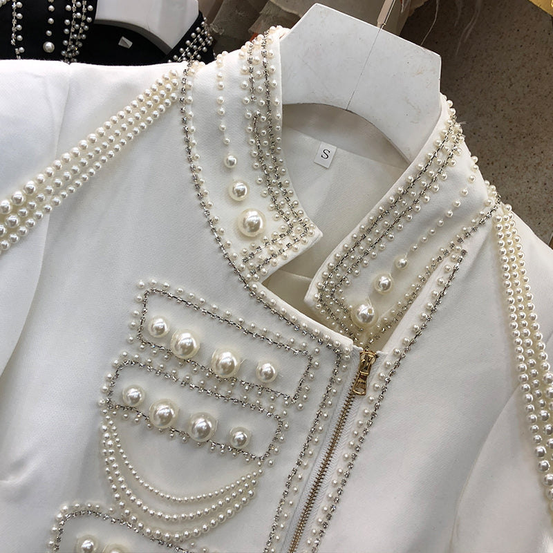 Temperament Court Style Slim Slimming Suit Female Pearl Handmade Beading Retro Jacket