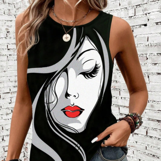 Summer Abstract Face Printed Round Neck Tank Top