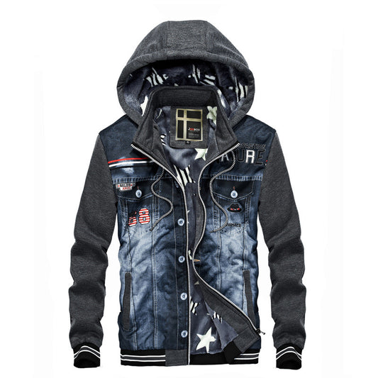 Denim Stitching Hooded Fleece Winter Jacket