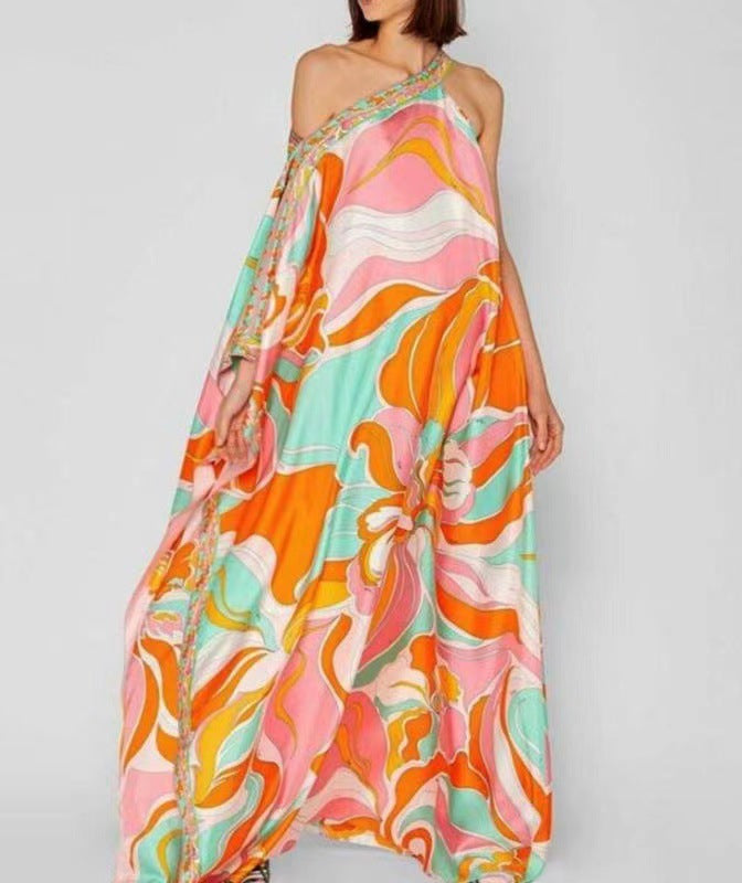 Summer New Style Loose Print V-Neck Long Skirt Holiday Style Dress