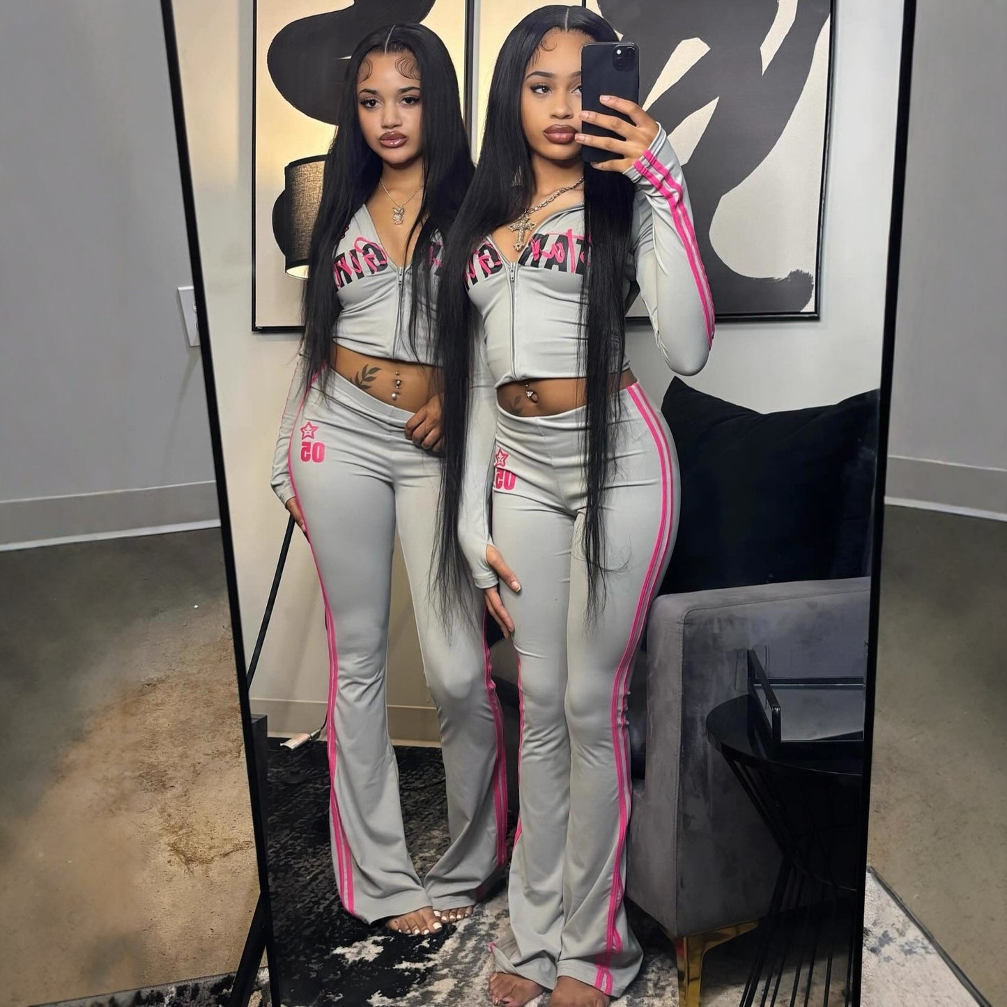 Women's Fashionable  Casual  Versatile  Color-blocked Retro-style Sporty Printed Top And Pants Set