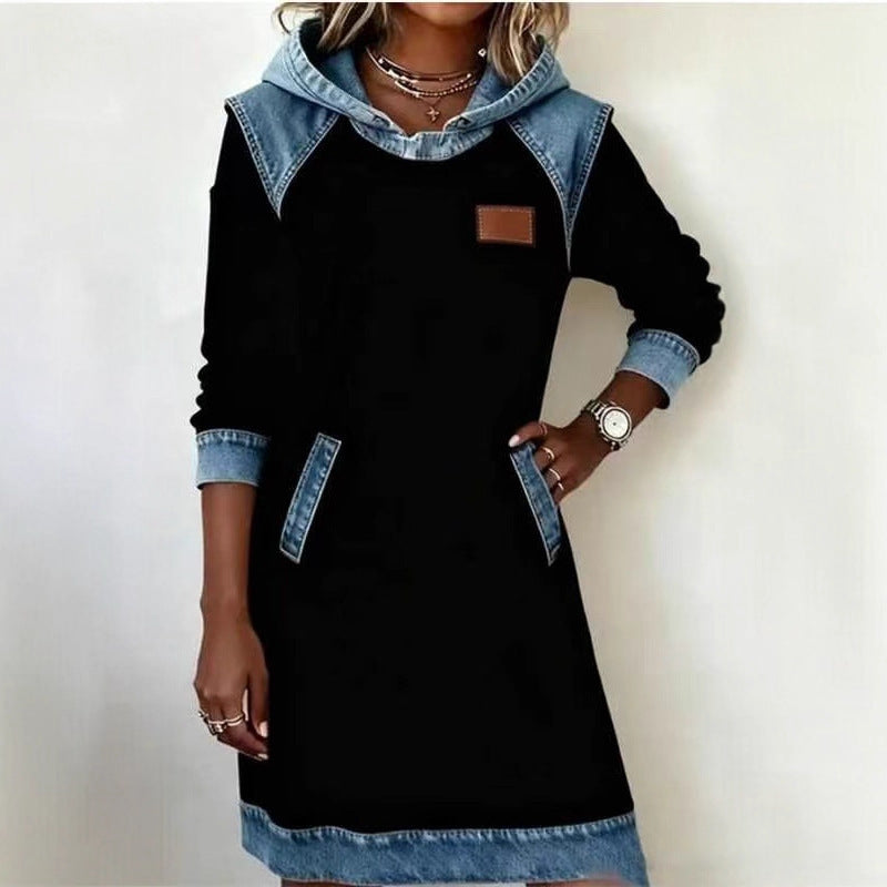 Best Seller Denim Color Matching Ladies Hoodie Skirt