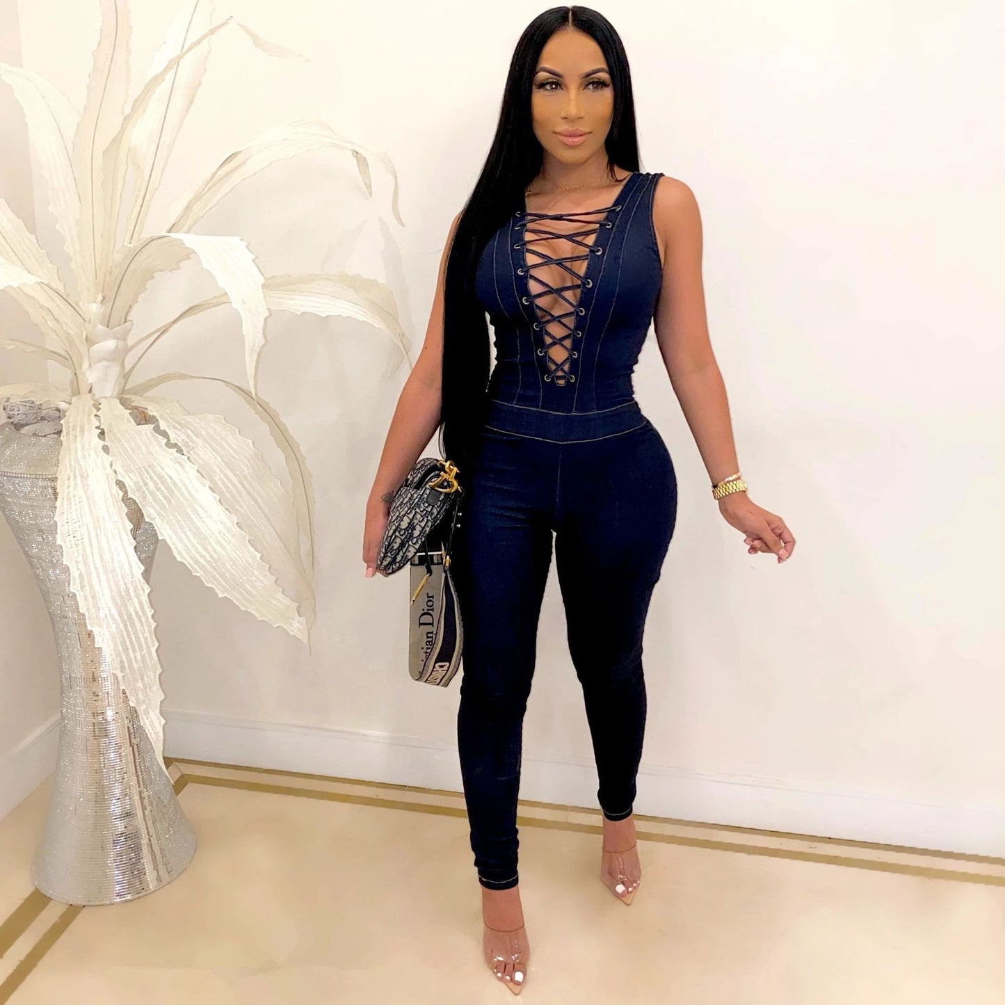 Sleeveless Eyelet Straps Slim Fit Denim Jumpsuit