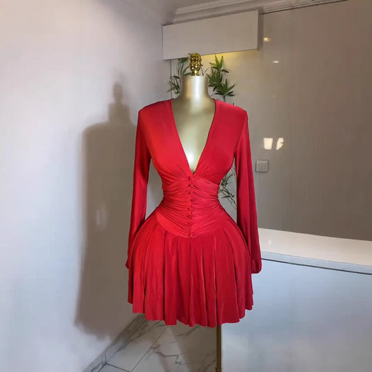 French-style Womens Pleated V-neck Long-sleeve Dress