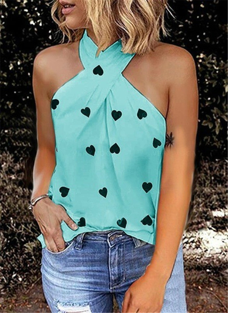 Casual Slim Back Zipper Halter Print Sleeveless Splicing Top
