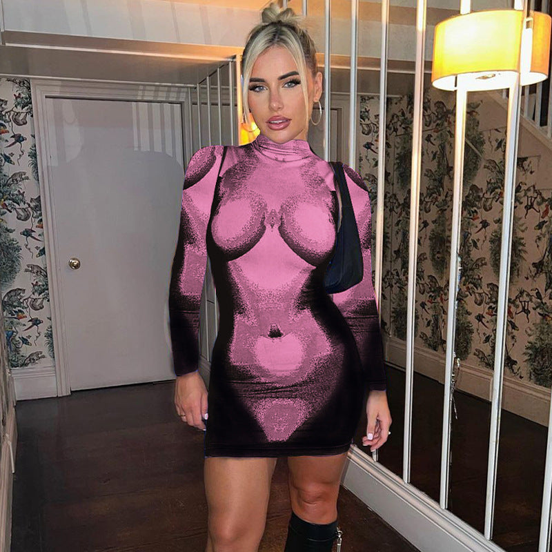 Printed Slim-fit Round Neck Sheath Long-sleeved Dress