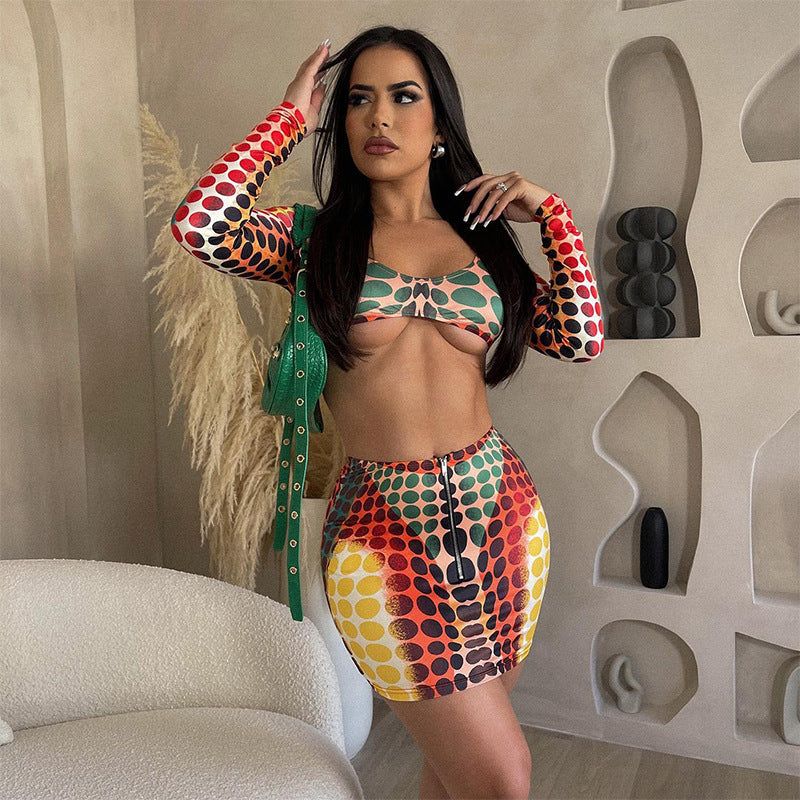 Women's Low Collar Digital Printing Long Sleeve Slim Casual Skirt Outfit