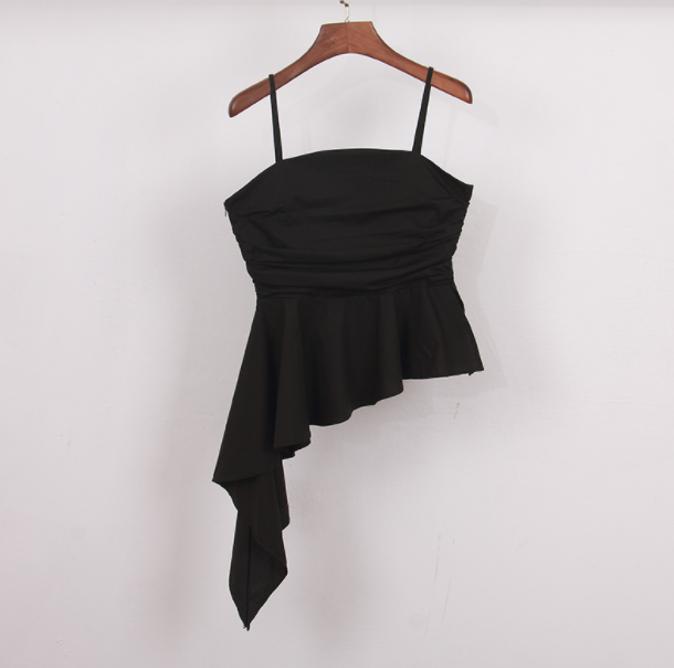2021 summer new irregular self-cultivation folds hem ruffle side zipper slim temperament backless sling top