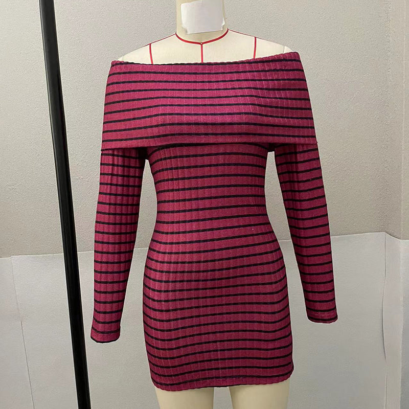 Women's Striped Off-Shoulder Bodycon Dress, Long Sleeve Sexy Mini Dress