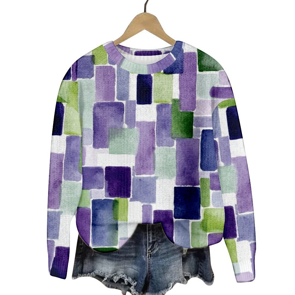 Geometric Color Matching Pattern Elements 3D Printed Casual Women's Round Neck Sweater