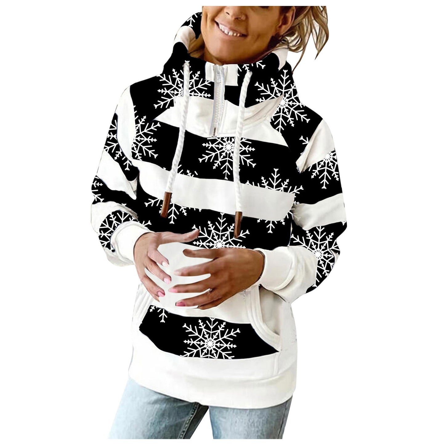 Fashion Printed Zipper High Neck Sweater