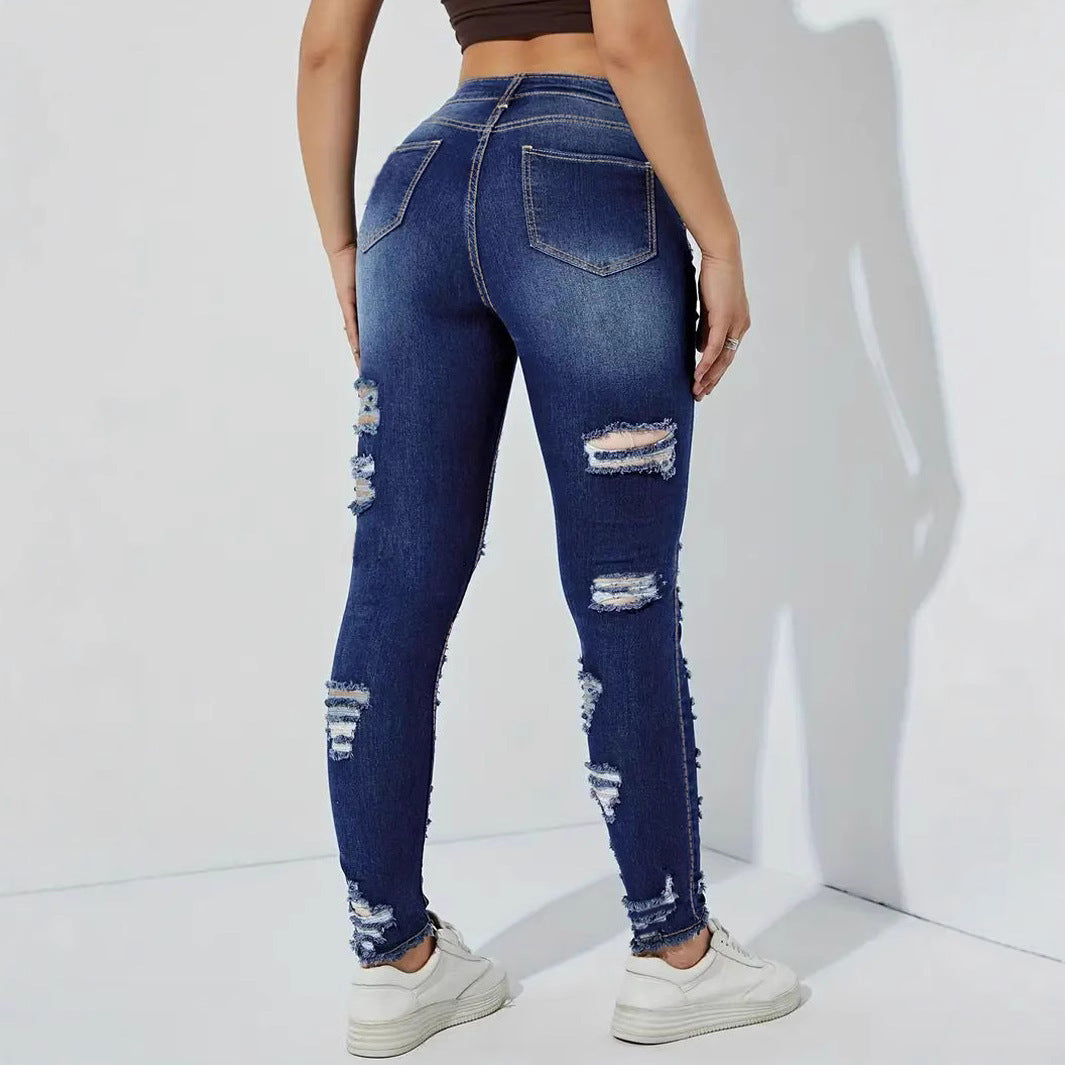 Women's Ripped Frayed Stretch Denim Skinny Pants