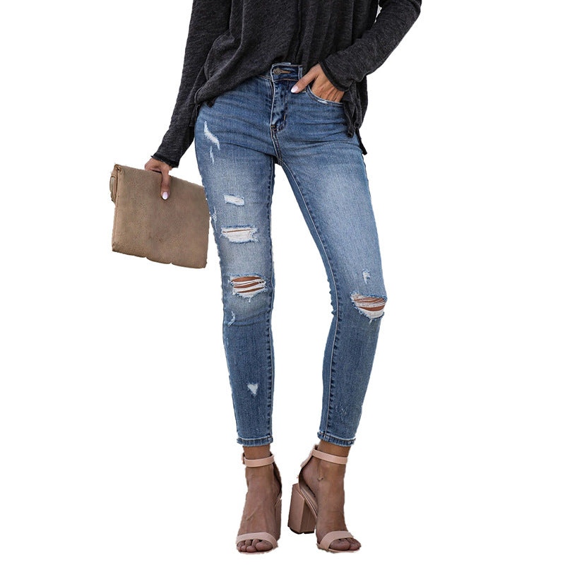 Casual ripped elastic slim-fit pants