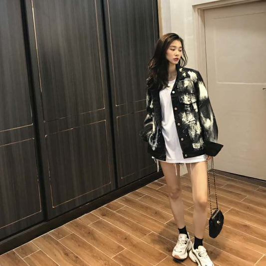 Denim jacket female black graffiti