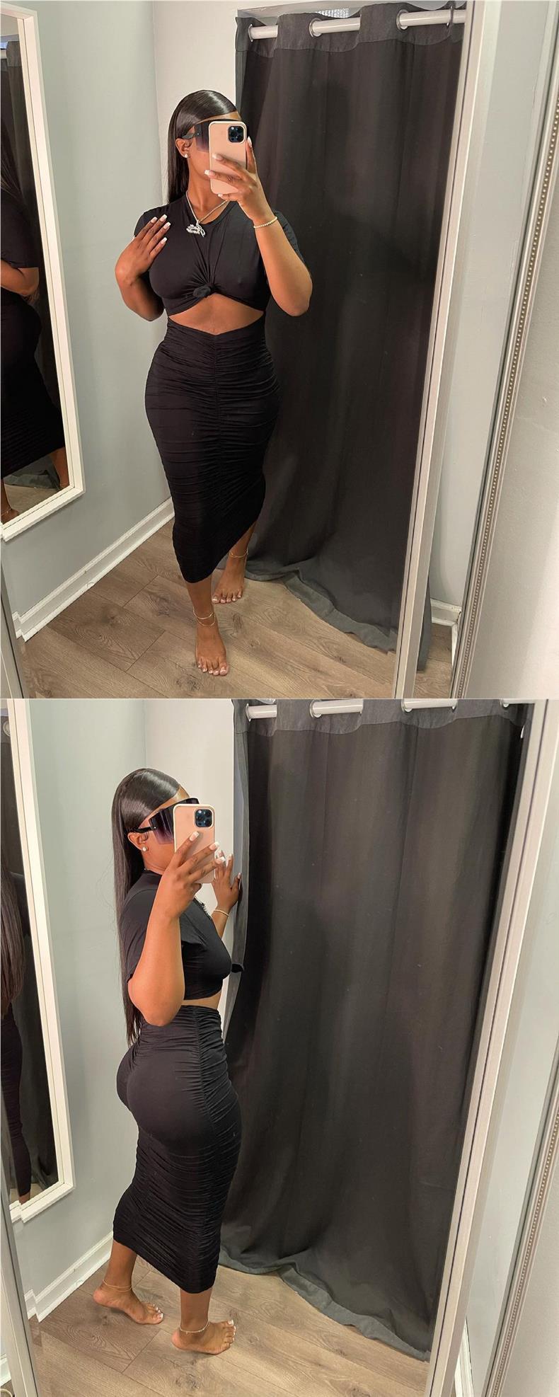 Fashion Solid Color Pleating Short Sleeve Dress Suit