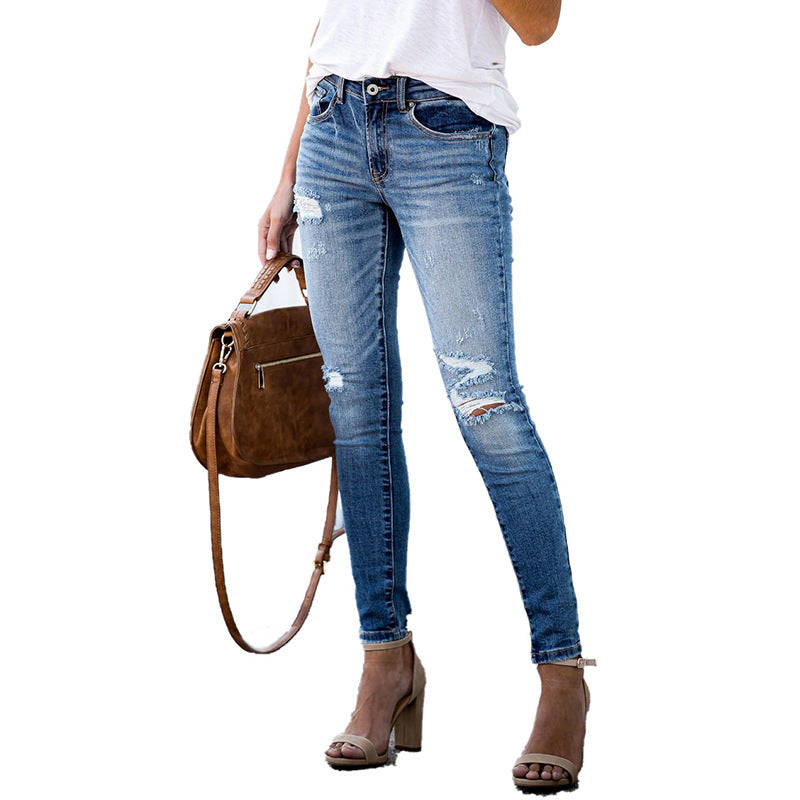 Casual ripped elastic slim-fit pants