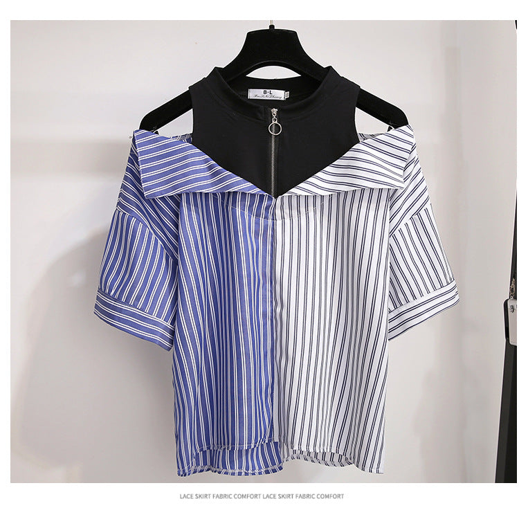 Stitching striped short-sleeved shirt fake two-piece off-shoulder blouse women's two-piece jeans