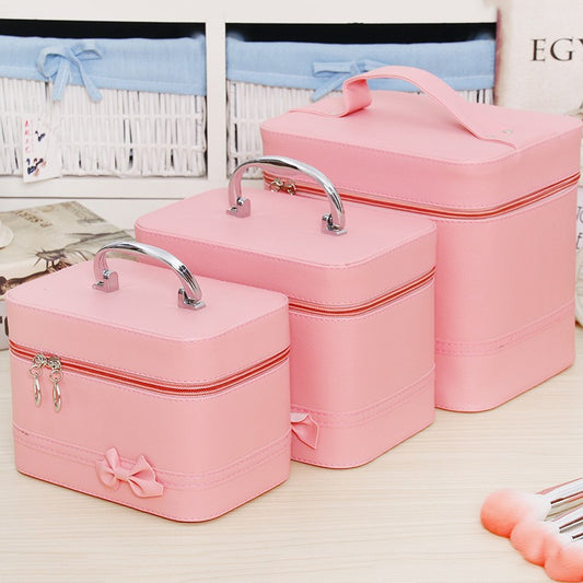 Cosmetic Case Women's Bag Bow Large Capacity Fashion Storage Box Cute Simple Portable Travel Makeup Pu Bag