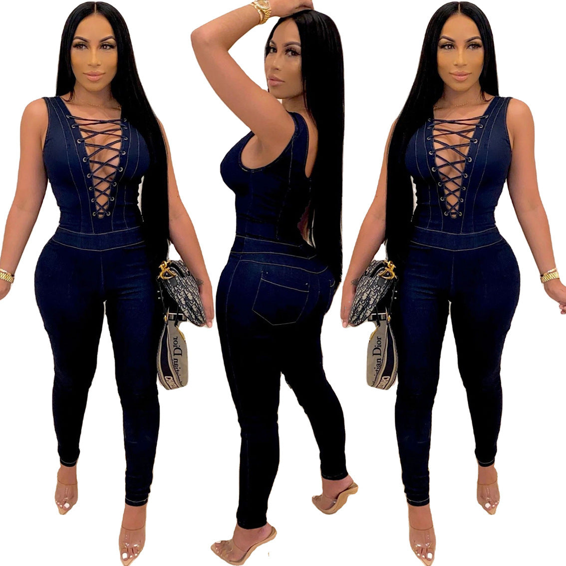 Sleeveless Eyelet Straps Slim Fit Denim Jumpsuit