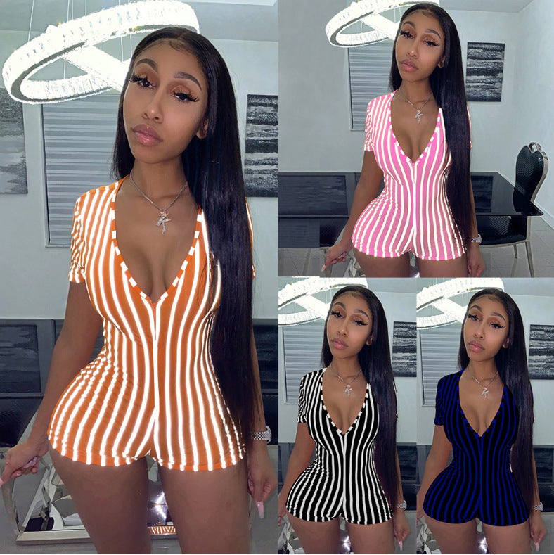 Striped skinny shorts zipper jumpsuit