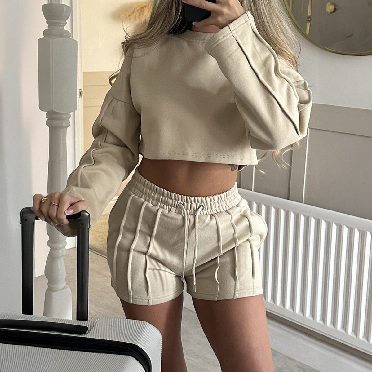 Casual Solid Color Hoodie Shorts Suit For Women