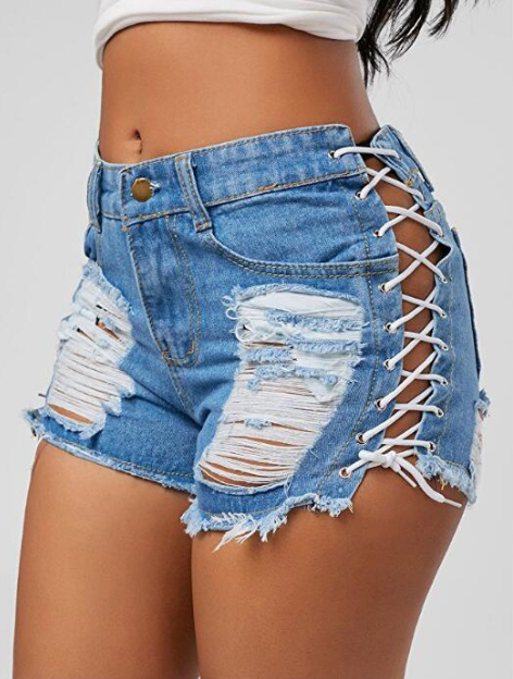 New denim hot pants shorts women's straight pants shorts broken corns straps jeans