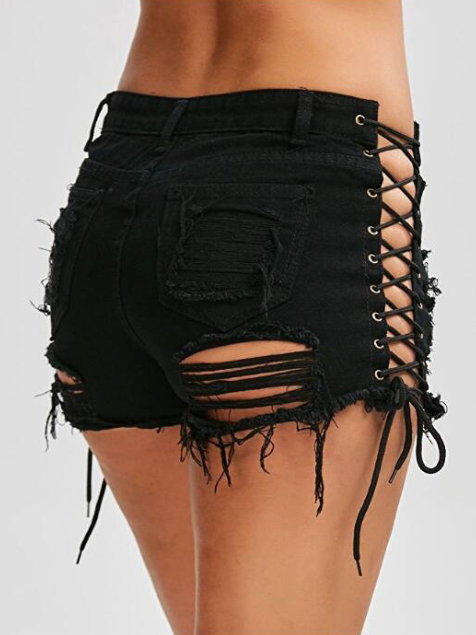 New denim hot pants shorts women's straight pants shorts broken corns straps jeans