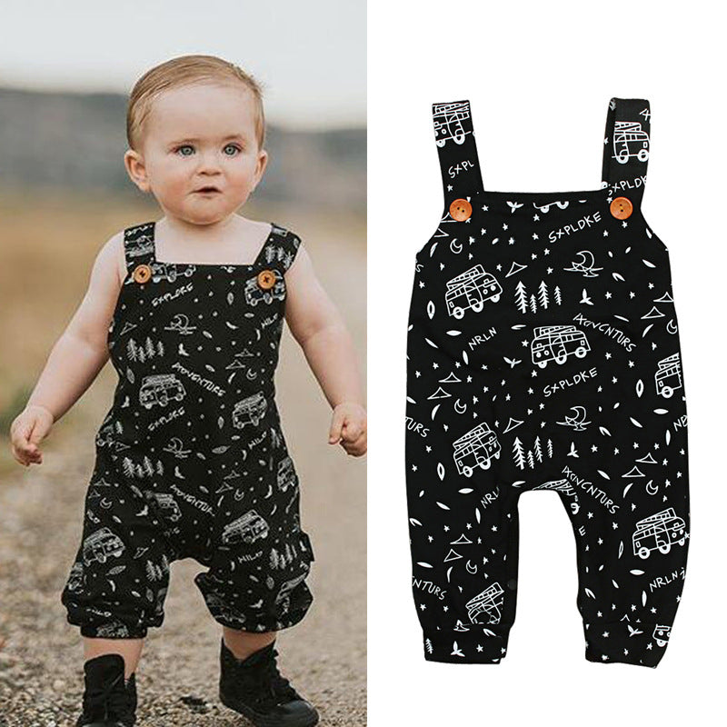 Boys Car Print Letter One Piece Trendy Overalls Kids Jumpsuit