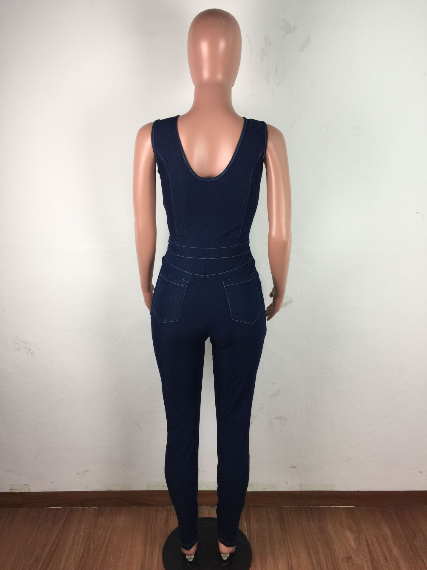 Sleeveless Eyelet Straps Slim Fit Denim Jumpsuit
