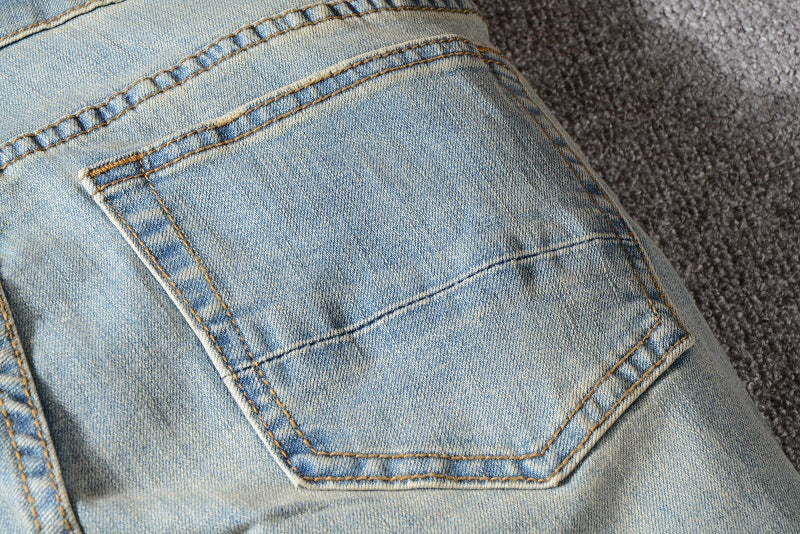 Men's Pleated Color Block Jeans Youth Slim-Fit Pants