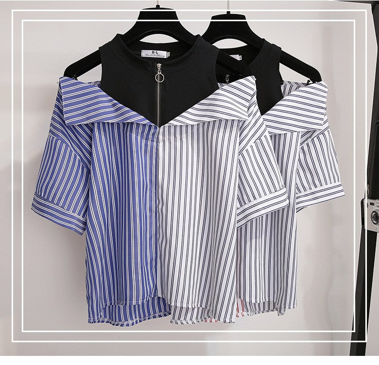Stitching striped short-sleeved shirt fake two-piece off-shoulder blouse women's two-piece jeans