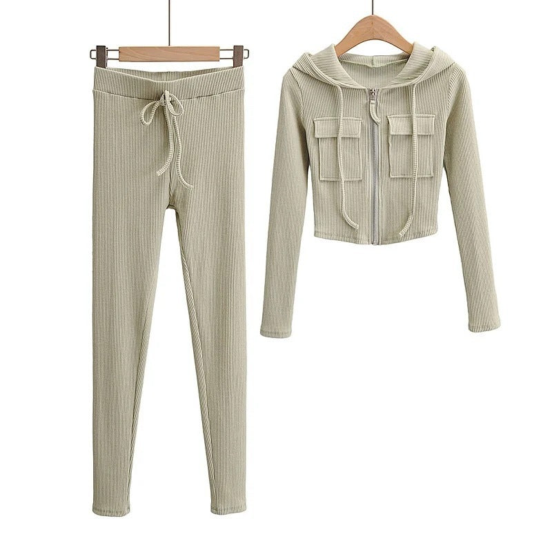 Zip Pocket Hooded Top Stretch Pants Knit Suit