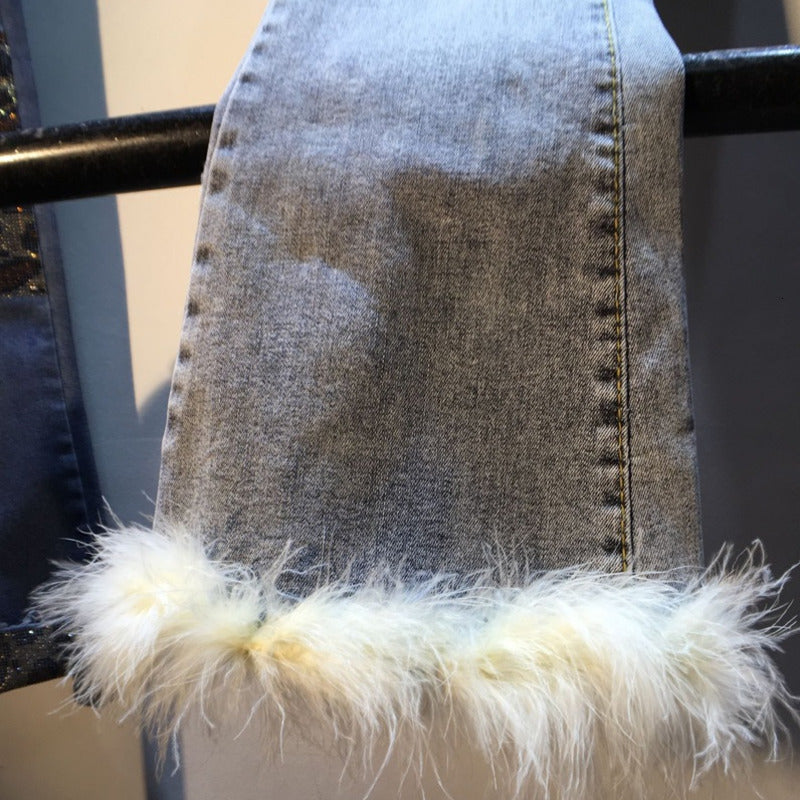 Leggings with real rabbit fur and high waist