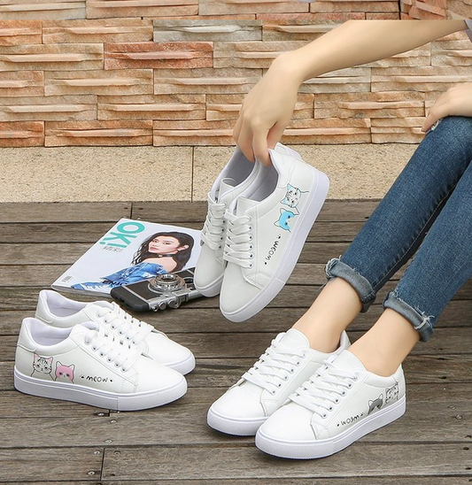 Printed casual shoes women's pu shoes cute cat 2021 new fashion lace women's white sports shoes women's casual shoes