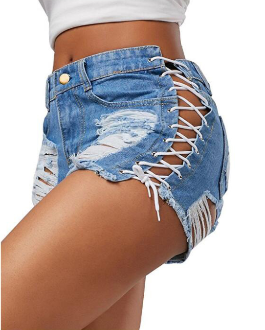New denim hot pants shorts women's straight pants shorts broken corns straps jeans