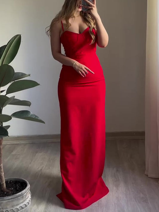 Red Sexy Back Slit Suspender Maxi Dress