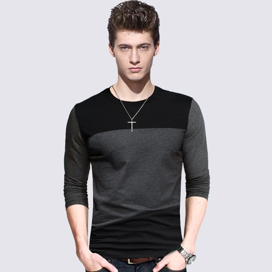 Large Size Men's Round Neck Contrast Stitching Long-Sleeved Shirt Slim Fit