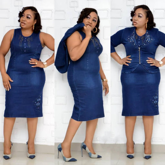 African Denim Suit Skirt Stretch Cotton Hand-Worn Fashion Nail Gun Beads