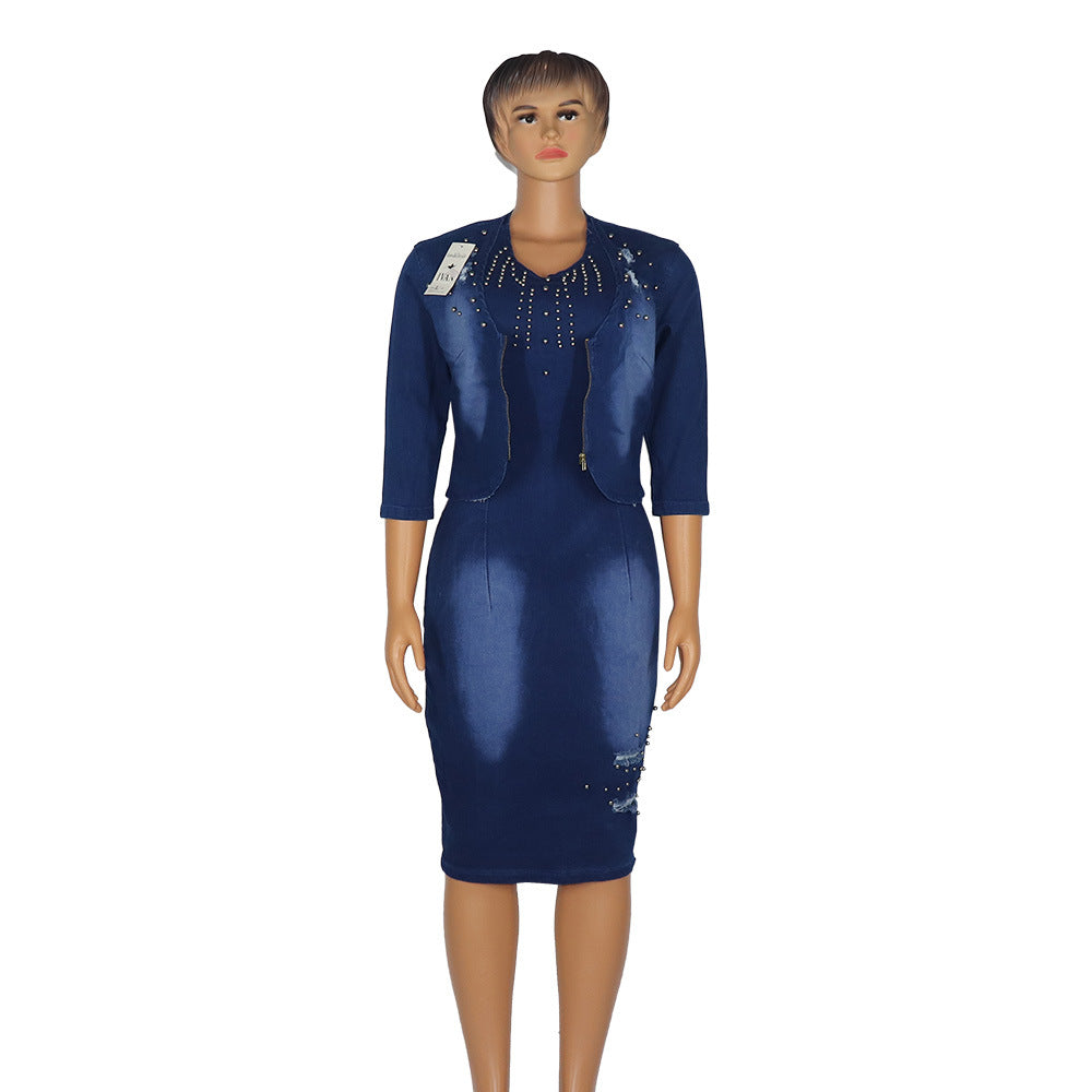 African Denim Suit Skirt Stretch Cotton Hand-Worn Fashion Nail Gun Beads