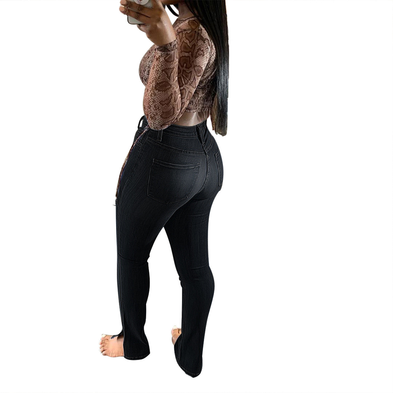 Jeans High-Rise Slim-Fit Split-Leg Pants