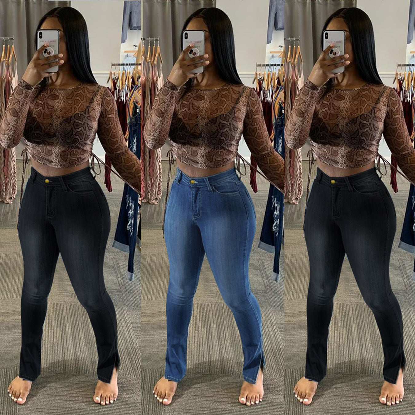 Jeans High-Rise Slim-Fit Split-Leg Pants