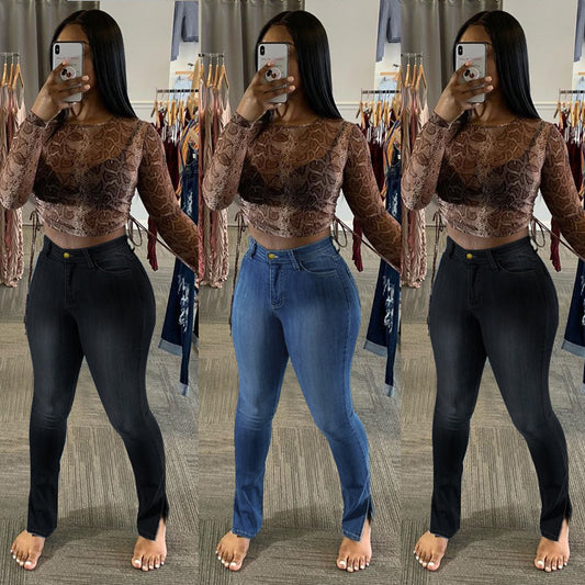 Jeans High-Rise Slim-Fit Split-Leg Pants