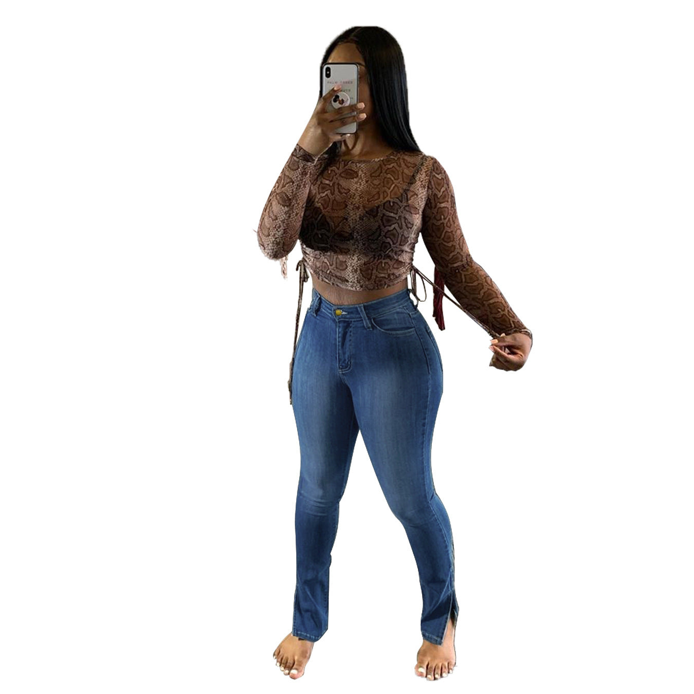 Jeans High-Rise Slim-Fit Split-Leg Pants