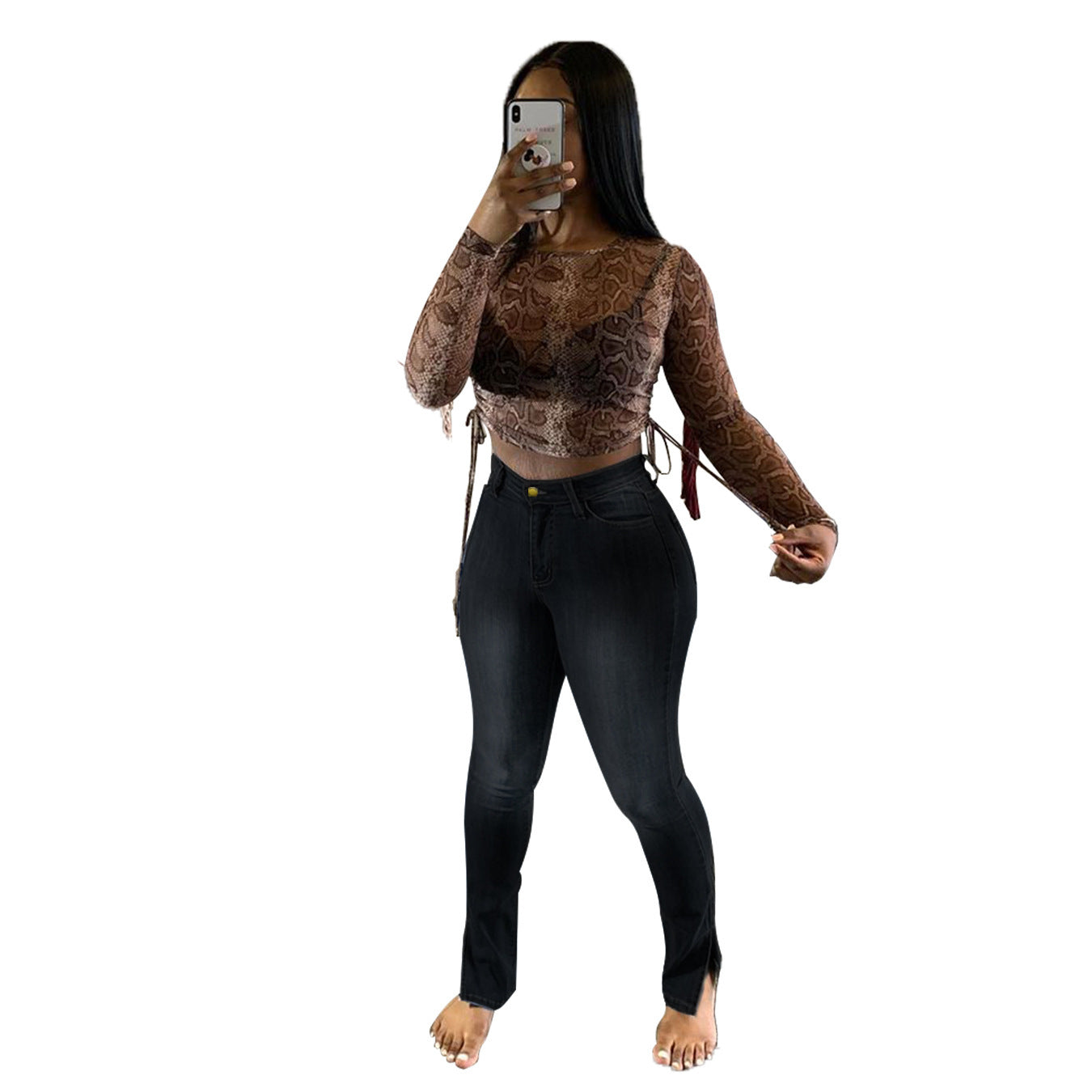 Jeans High-Rise Slim-Fit Split-Leg Pants