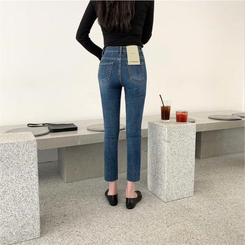 Women's Dark Blue Jeans Loose Korean Style Straight Cropped Cropped High-Waisted Velvet Pipe Trousers With Raw Edge Cropped Trousers